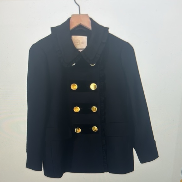 kate spade Jackets & Blazers - Kate Spade Black Ruffle Velvet Trim Gold Button Winter Fall Wool Blend Coat
